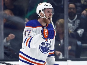 Connor McDavid #97 of the Edmonton Oilers celebrates a 5-4 win against the Los Angeles Kings in Game Six of the First Round of the 2023 Stanley Cup Playoffs at Crypto.com Arena on April 29, 2023 in Los Angeles, California. The Oilers won the series against the Kings 4-2.
