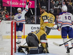 Leon Draisaitl #29 of the Edmonton Oilers reacts after scoring a first-period power-play goal against Laurent Brossoit #39 of the Vegas Golden Knights in Game One of the Second Round of the 2023 Stanley Cup Playoffs at T-Mobile Arena on May 03, 2023 in Las Vegas, Nevada.