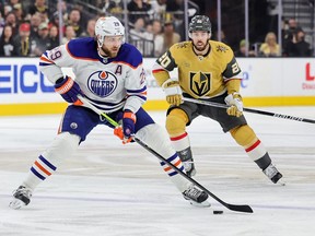 LAS VEGAS, NEVADA - MAY 03: Leon Draisaitl #29 of the Edmonton Oilers skates with the puck ahead of Chandler Stephenson #20 of the Vegas Golden Knights in the first period of Game One of the Second Round of the 2023 Stanley Cup Playoffs at T-Mobile Arena on May 03, 2023 in Las Vegas, Nevada.