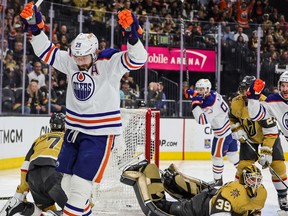 LAS VEGAS, NEVADA - MAY 06: Leon Draisaitl #29 of the Edmonton Oilers reacts after scoring a first-period power-play goal against Laurent Brossoit #39 of the Vegas Golden Knights in Game Two of the Second Round of the 2023 Stanley Cup Playoffs at T-Mobile Arena on May 06, 2023 in Las Vegas, Nevada.