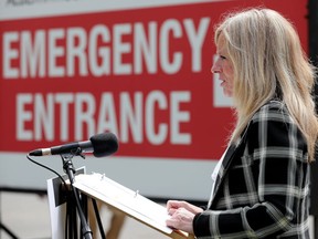 Alberta NDP Leader Rachel Notley holds a press conference outside the University of Alberta Hospital in Edmonton, in 2022.