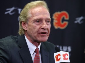 Calgary Flames President of hockey operations Don Maloney speaks to media in Calgary on Monday, May 1, 2023.