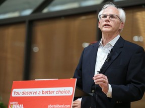 Alberta Liberal leader John Roggeveen kicks off the Alberta Liberal election campaign in Calgary on Sunday, April 30, 2023.