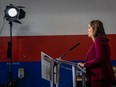 UCP leader Danielle Smith makes a campaign announcement at Braeside Automotive in Calgary on Thursday, May 4, 2023.