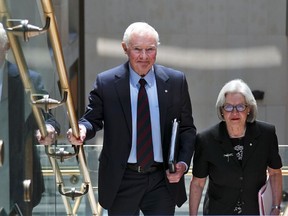 David Johnston, Independent Special Rapporteur on Foreign Interference, arrives to present his first report in Ottawa on May 23, 2023. He is joins by his counsel Sheila Block.