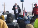 Artur Pawlowski speaks to protesters on Highway 4, north of the Coutts border crossing, on Feb. 3, 2022.