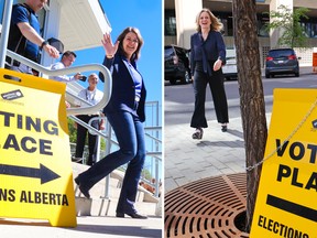 NDP Leader Rachel Notley, right, and UCP Leader Danielle Smith, left, cast their ballots in Calgary as advanced polling stations opened across the province on Tuesday, May 23, 2023.