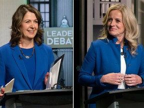 A composite image of UCP leader Danielle Smith and Alberta NDP leader Rachel Notley during the leaders debate at CTV Edmonton on Thursday, May 18, 2023.