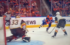 Ryan Nugent-Hopkins burst in on net, fires hard, only for Vegas goalie Hill to make a blocker save