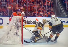 After a Yamamoto shot, the puck deflects off Vegas d-man McNabb on net. RNH swoops in for rebound, but puck bounces away from him.