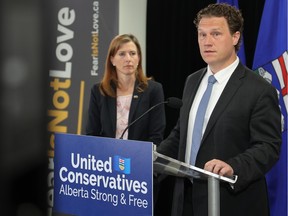 Calgary-Klein UCP candidate Jeremy Nixon announces his party's plan to improve supports and protection for women, children and victims of crime at the FearIsNotLove head office in Calgary on Wednesday, May 10, 2023.