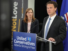 Calgary-Klein UCP candidate Jeremy Nixon announces his party’s plan to improve supports and protection for women, children and victims of crime at the FearIsNotLove head office in Calgary on Wednesday, May 10, 2023.
