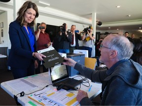 UCP leader Danielle Smith votes at an advance poll at the Haysboro Community Centre in Calgary on Tuesday, May 23, 2023.