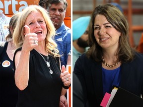NDP Leader Rachel Notley, left, and UCP Leader Danielle Smith campaign in Calgary on Friday ahead of the Alberta election on Monday.