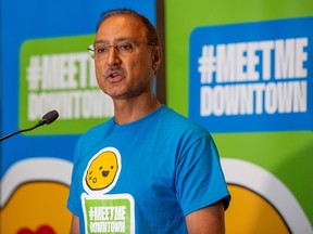 Mayor Amarjeet Sohi, makes an announcement about increased support for downtown vibrancy on Wednesday, May 10, 2023 in Edmonton.