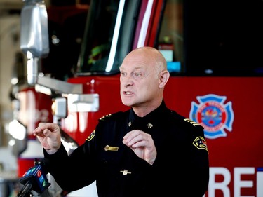 Deputy Fire Chief Public Safety (Acting Fire Chief) David Lazenby announces a fire ban for the City of Edmonton during a press conference at Fire Station #1, Tuesday, May 2, 2023.