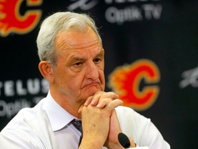 Darryl Sutter speaks to media after beating the San Jose Sharks in NHL action at the Scotiabank Saddledome in Calgary on Wednesday, April 12, 2023.