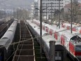 Trains are parked at a station in Vienna, Austria, Friday, March 27, 2020.