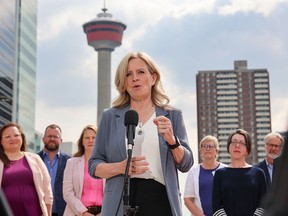 NDP Leader Rachel Notley makes a campaign announcement at High Park in downtown Calgary on Thursday.