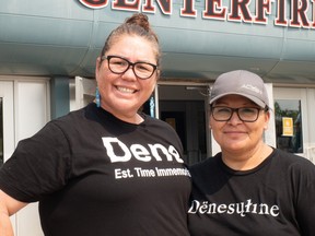 Lori Cyprien and Renelle Marcel volunteer at Centerfire Place, which was acting as a registration centre for Fort Chipewyan evacuees, on Wednesday, May 31, 2023. A wildfire outside Fort Chipewyan triggered an evacuation of the community that began the day before.