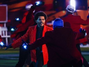 The Weeknd performs during the Pepsi Super Bowl LV Halftime Show at Raymond James Stadium on February 07, 2021 in Tampa, Florida.