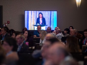 Premier Danielle Smith addresses the Alberta Municipalities spring convention on March 31, 2023.
