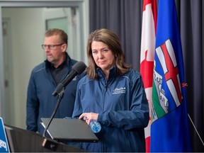 Danielle Smith, Premier of Alberta, provided an update on the Alberta wildfire situation at the Alberta Emergency Management building on May 8.