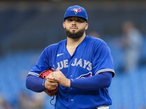 Alek Manoah of the Toronto Blue Jays looks on from the mound against the Houston Astros.