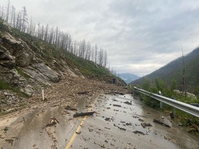 Rockslide caused by flash flood on the Akamina Parkway on June 12 in Waterton Lakes National Park. Calgarian Connie Choi and her boyfriend were stranded by the debris and had to be evacuated by Parks Canada helicopter.