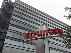 Signage on the Equifax Inc. offices in Atlanta is seen July 21, 2012. Equifax Canada says new data suggests a significant shift in credit usage among businesses in the first quarter of 2023.