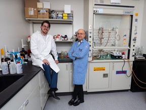 Concordia University of Edmonton fourth-year chemistry student Cole Babcock with his research mentor Dr. Makan Golizeh.