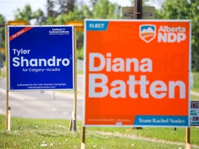 Election signs in the Calgary-Acadia riding were photographed on the morning after the provincial election, Tuesday, May 30, 2023. The NDP's Diana Batten narrowly defeated the UCP's Tyler Shandro.