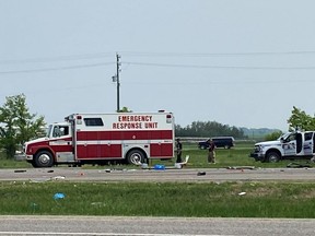 Emergency crews respond to the scene of a crash that has closed a section of the Trans-Canada Highway near Carberry, Man. is shown on Thursday, June 15, 2023.