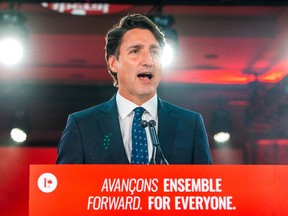 Justin Trudeau gives his victory speech after the Sept. 2021 election.