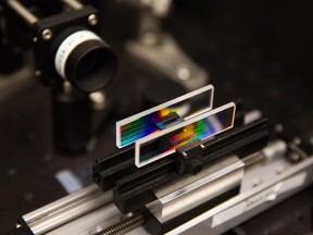 A quantum microdisk fabricated from commercially available synthetic, single-crystal diamond chips is shown in this undated handout photo.