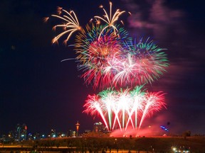 Fireworks celebrate Canada Day in Calgary on July 1, 2021.