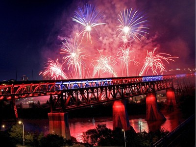 Canada Day fireworks erupt over the newly lit  High Level Bridge in Edmonton, Alberta. It was the first time the more than 50,000 LED lights were turn on for the public on July 1, 2014.  Hugo Sanchez/Edmonton Sun/QMI Agency ORG XMIT: POS1609291856026116