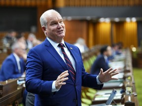Conservative MP and former Conservative leader Erin O'Toole is given a standing ovation as he delivers his final speech in the House of Commons on Parliament Hill in Ottawa, Monday, June 12, 2023.