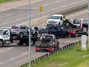 The Capilano Bridge on Wayne Gretzky Drive was closed while police investigate a two-vehicle fatal collision on Sunday, June 25, 2023, in Edmonton.  