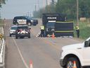 Edmonton police investigate a fatal crash in the early hours of Sunday, June 11, 2023, on Ellerslie Road just west of 17 Street.