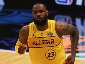 FILE: Lebron James #23 of Team James reacts against Team Durant in the 70th NBA All-Star Game at State Farm Arena on March 07, 2021 in Atlanta, Georgia.