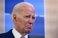 US President Joe Biden reacts during a statement with the NATO Secretary General before the bilateral meeting on the NATO Summit in Vilnius on July 11, 2023.