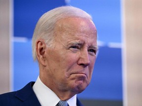 US President Joe Biden reacts during a statement with the NATO Secretary General before the bilateral meeting on the NATO Summit in Vilnius on July 11, 2023.