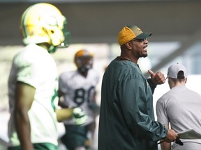 Offensive co-ordinator Stephen McAdoo works with players during his inaugural on-field session with the Edmonton Elks in this file photo taken at training camp inside the Commonwealth fieldhouse in Edmonton on June 1, 2014. McAdoo was demoted from his duties as offensive play-caller Monday.