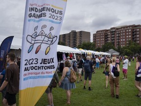 Members of the public explore the Cultural Village on the Halifax Common during the North American Indigenous Games 2023 in Halifax on Saturday, July 15, 2023.