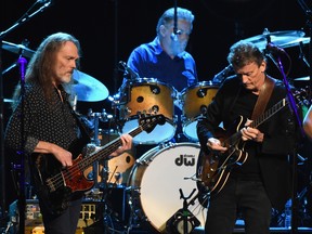 Timothy B. Schmit, Don Henley and Stuart Smith of the Eagles perform at the Grand Ole Opry House on October 29, 2017 in Nashville, Tennessee.
