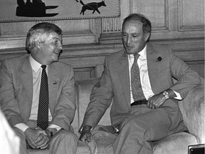 Prime Minister Pierre Trudeau and Premier Peter Lougheed meet in Trudeau's Parliament Hill office in 1981 to finalize a tentative oil pricing agreement.