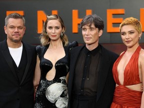 (L-R) U.S. actor Matt Damon, British Actor Emily Blunt, Irish actor Cillian Murphy and British Actor Florence Pugh pose on the red carpet upon arrival for the U.K. premiere of "Oppenheimer" in central London on July 13, 2023.