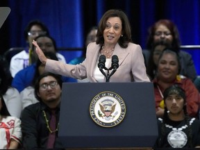 FILE - Vice President Kamala Harris speaks at the Gila River Indian Community, July 6, 2023, in Phoenix. Harris said Tuesday that the government plans to put a cap on how much families pay for child care as part of the Child Care & Development Block Grant program.