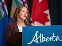 Alberta minister of environment and protected areas Rebecca Schulz speaks at a press conference in McDougall Centre in Calgary on Thursday, August 10, 2023. 